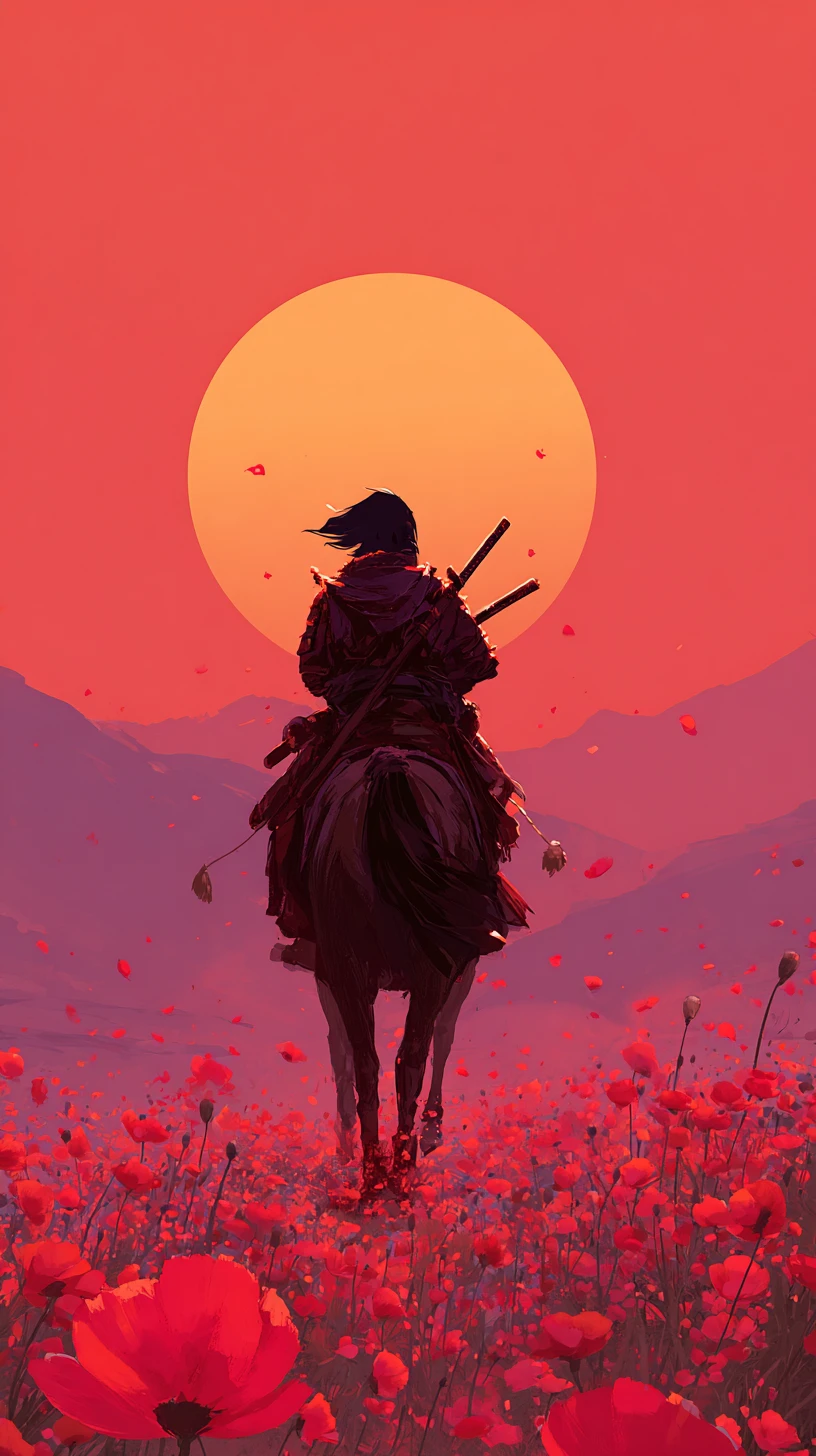Samurai solitário cavalgando por um campo de papoulas carmesins ao pôr do sol