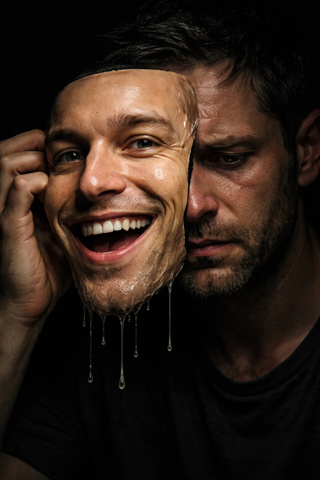 Hombre triste quitándose una máscara sonriente en retrato en primer plano