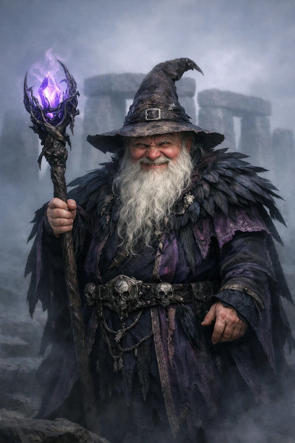 Sinister wizard with staff before a foggy stone circle