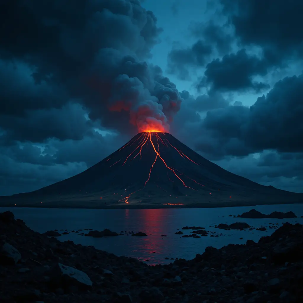 Dark volcanic island glowing with red lava at night