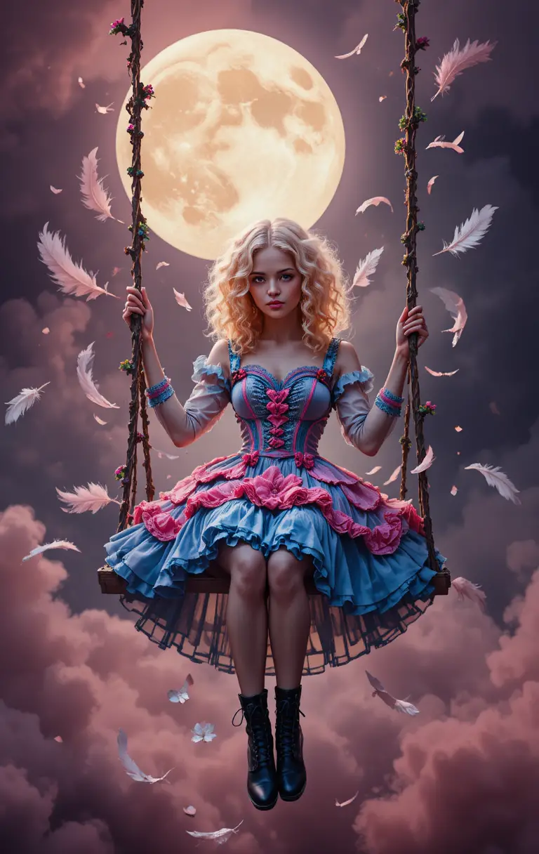 Girl on transparent swing under a glowing moon