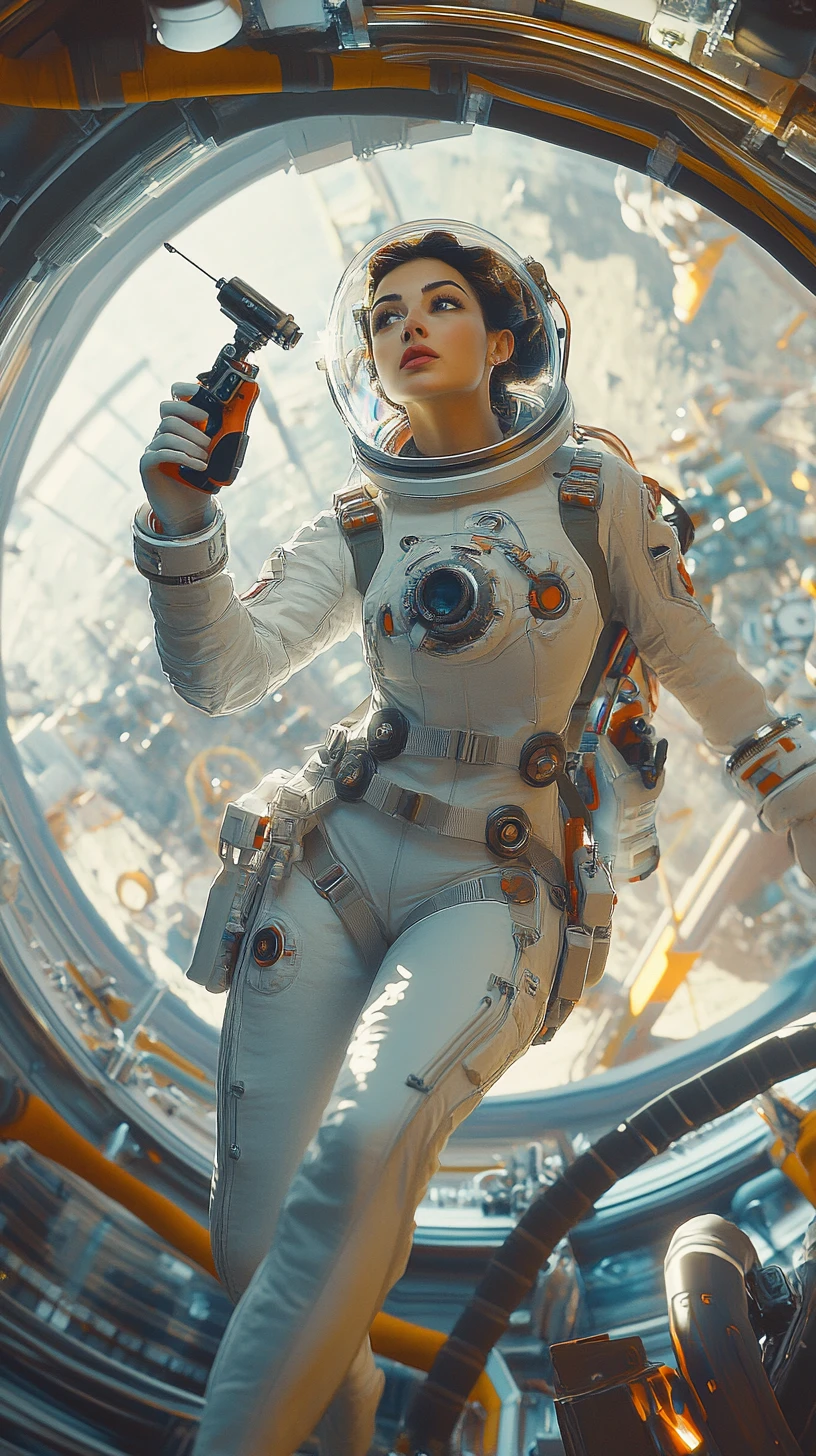Astronaute femme flottant dans une station spatiale rétro-futuriste