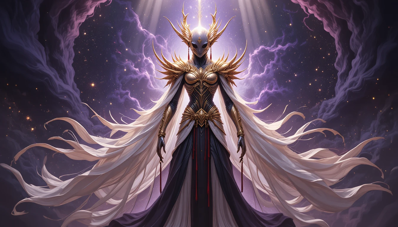 Regal alien humanoid in golden armor before purple nebula