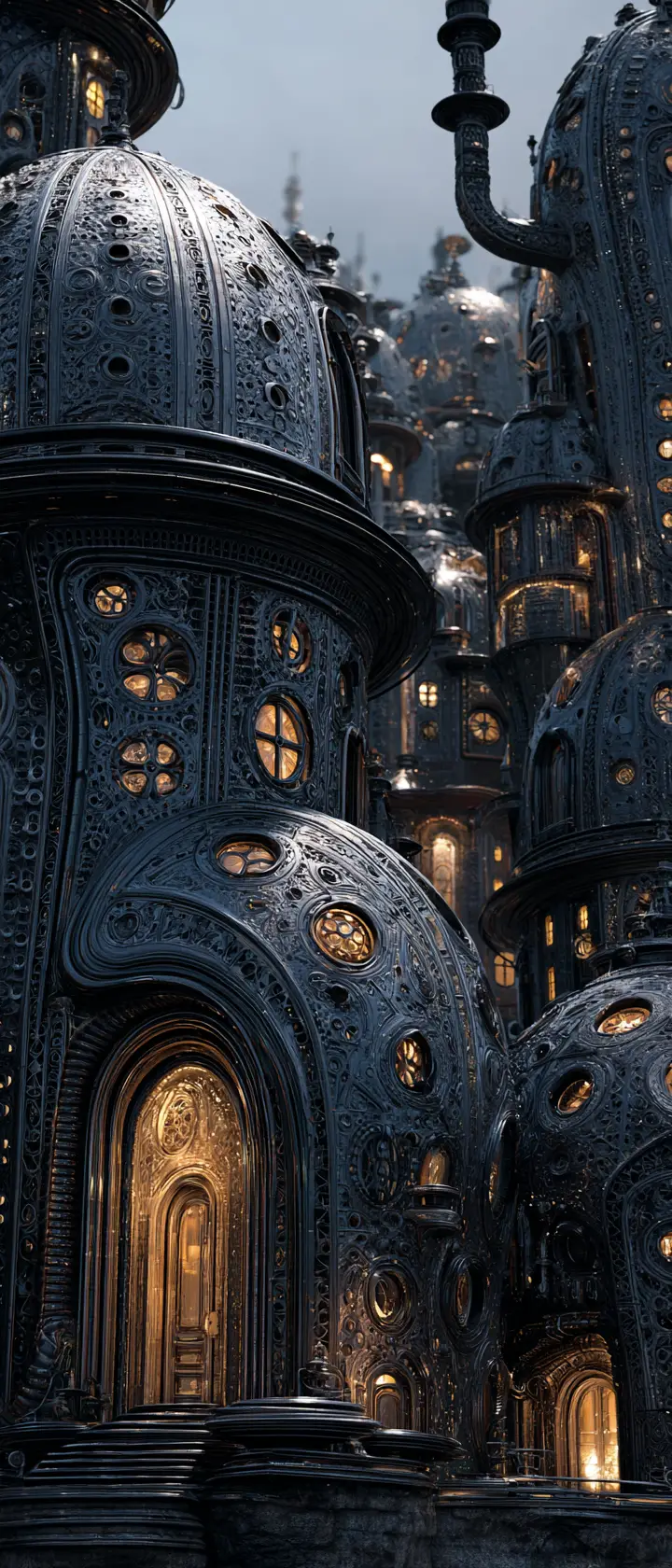 Fantastico Villaggio Steampunk con Architettura Metallica Attorcigliata