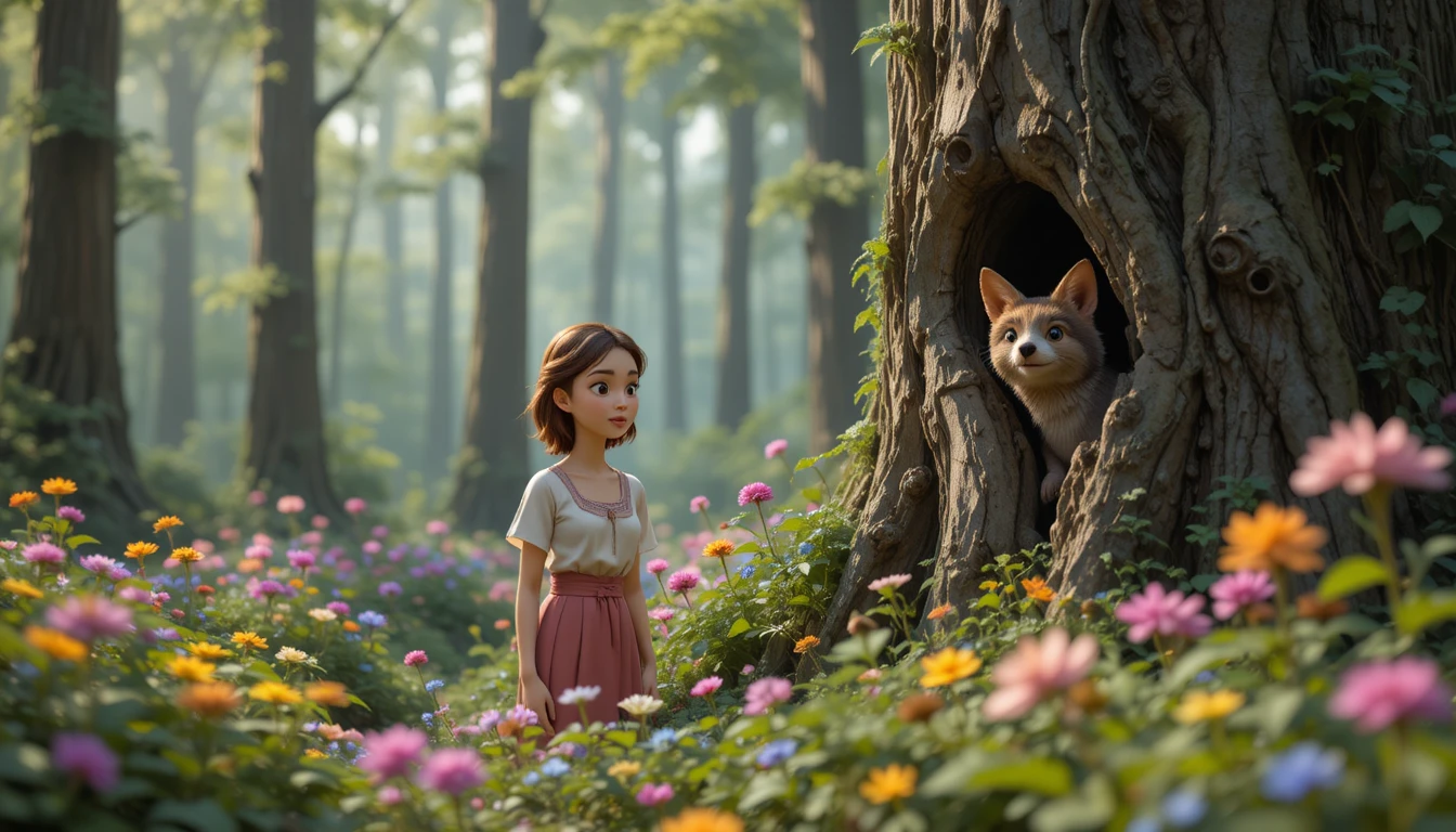 Young girl gathering wildflowers in a stylized forest