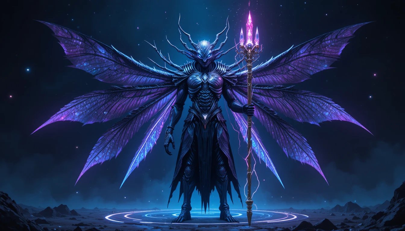 Être alien majestueux aux ailes lumineuses et au sceptre de cristal