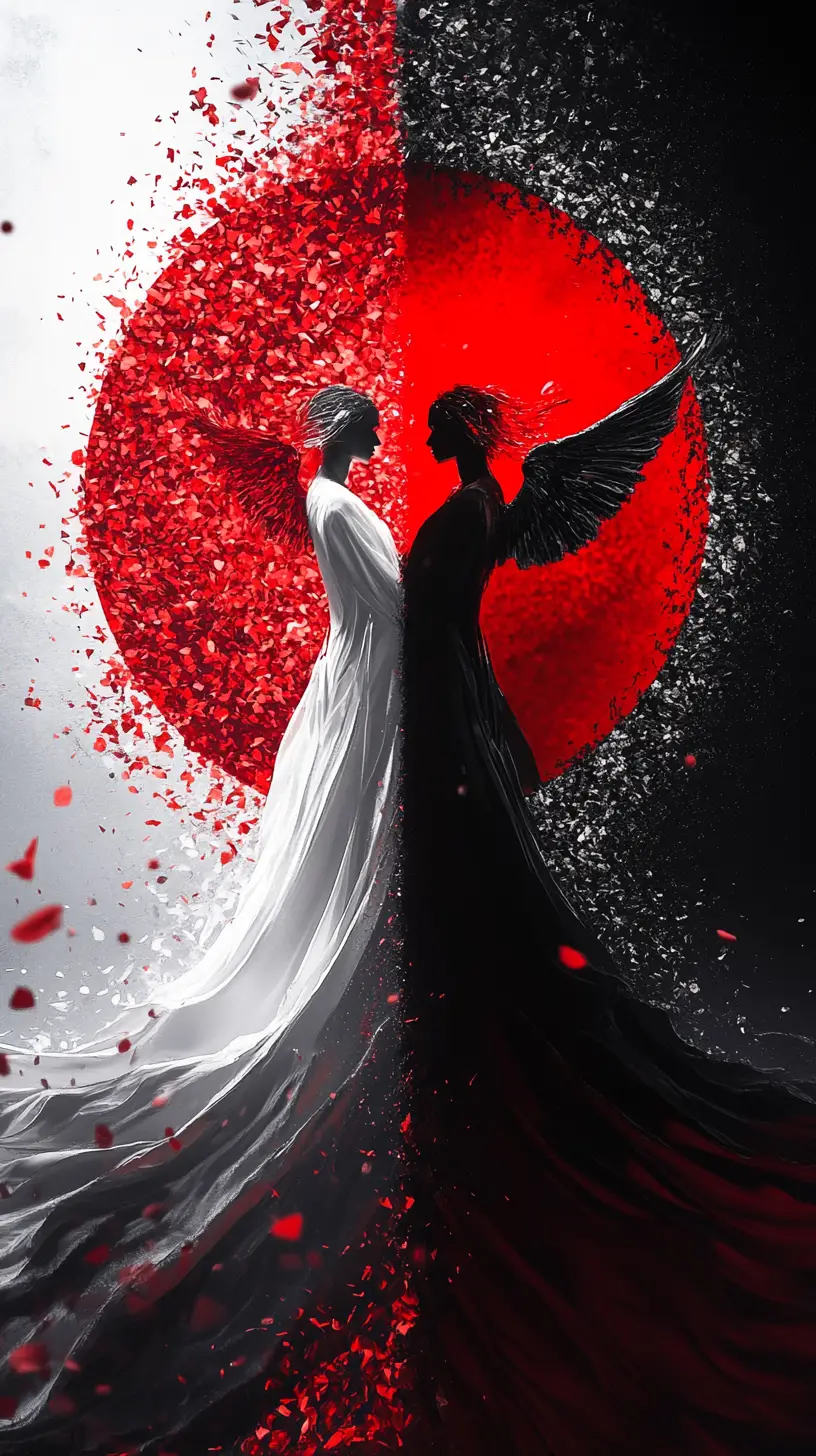 High contrast yin yang with radiant red and silver glow