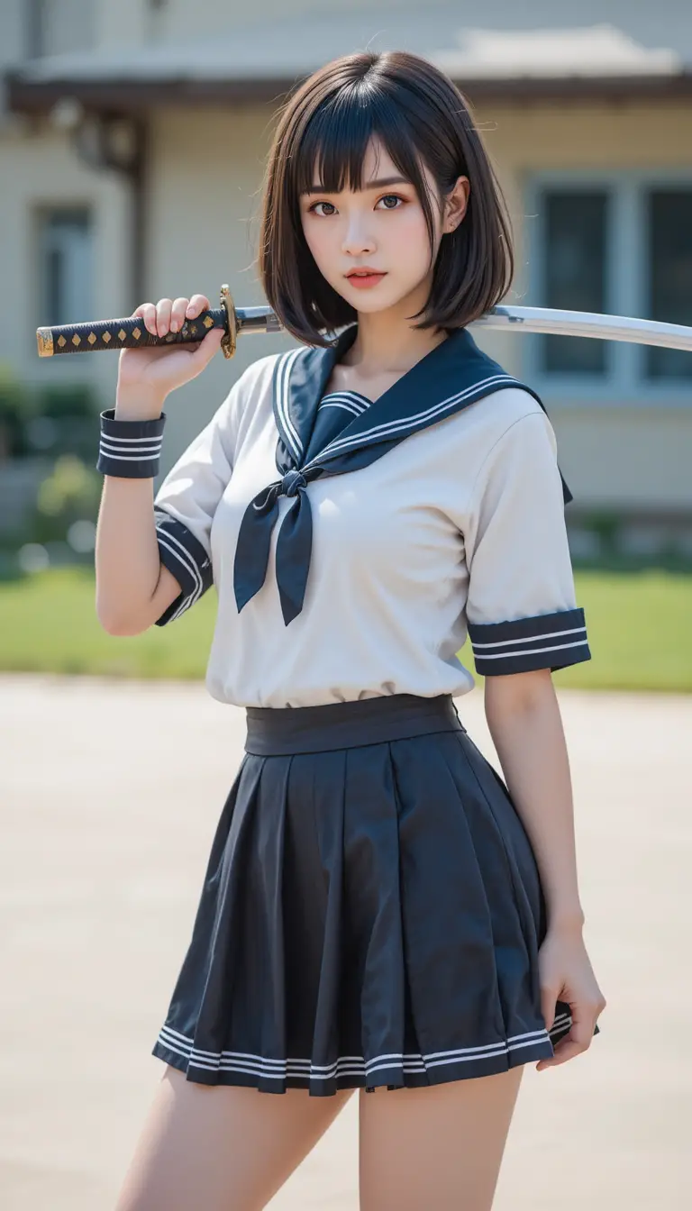 Junge Frau in Schuluniform mit Katana auf dem Schulhof