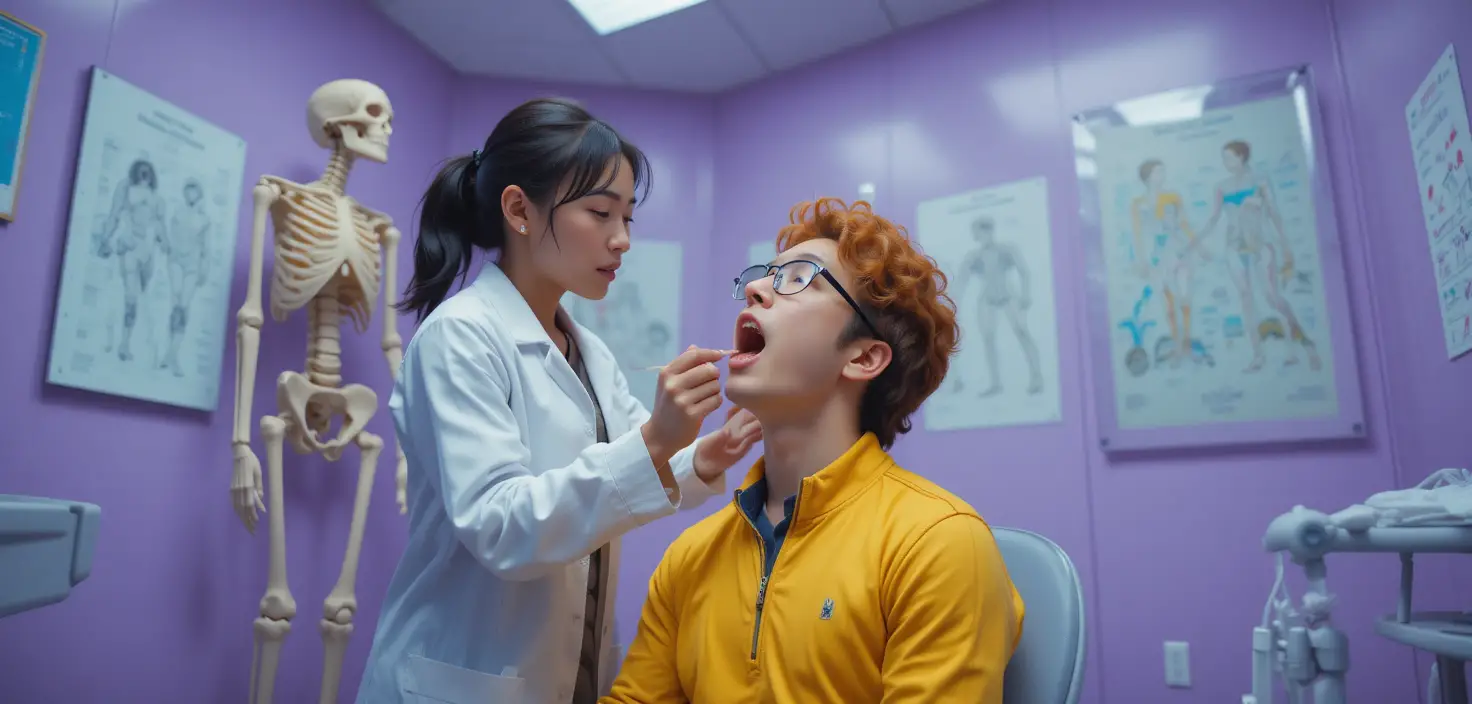Doctora examinando a paciente masculino con depresor de lengua en la clínica
