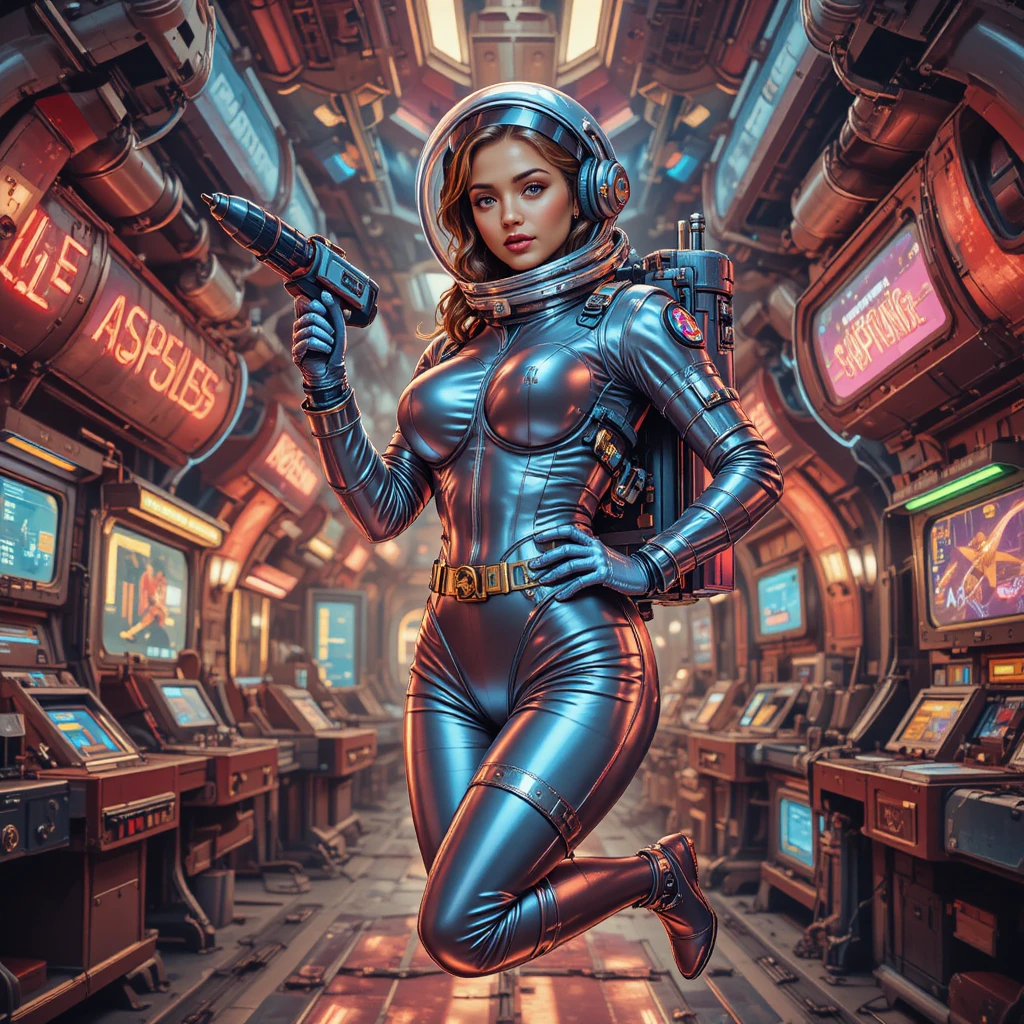 Curvy female astronaut with drill in retro space station