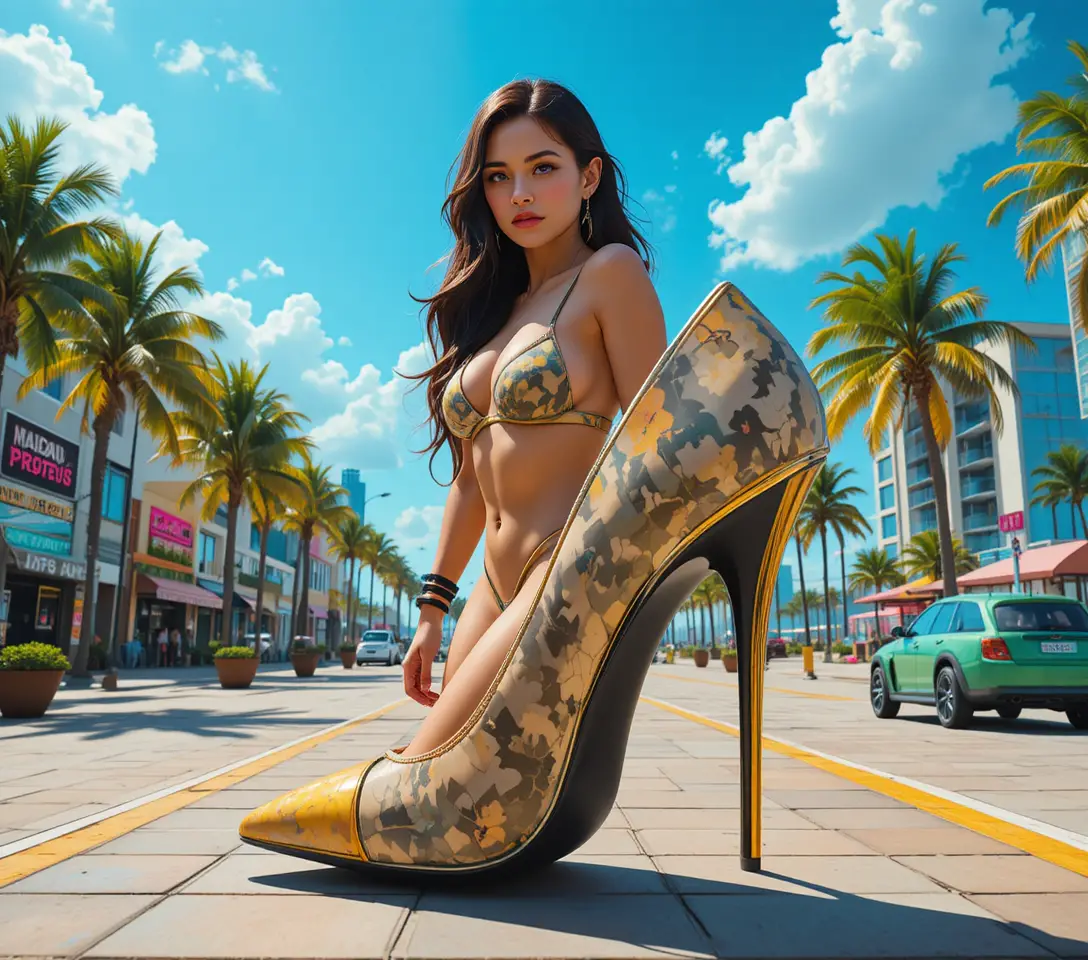 Nahaufnahme eines beigefarbenen Stilettos auf einem sonnigen Strandgehweg