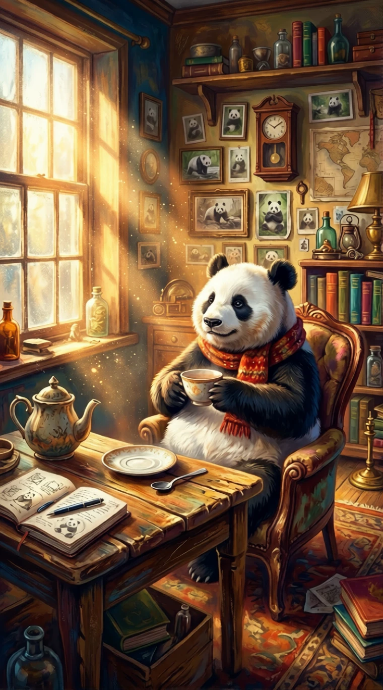 Panda sonhador em uma mesa de madeira com chá fumegante