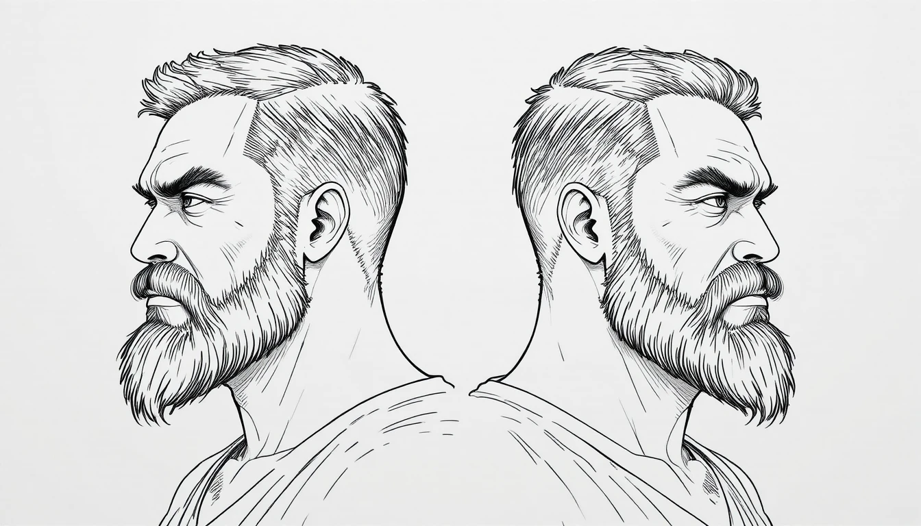 Homem barbudo sério em desenho linear de perfil simétrico