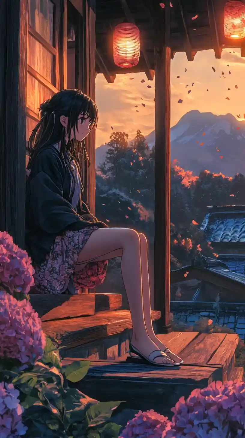 Fille d’anime sur véranda en bois au crépuscule avec hortensias