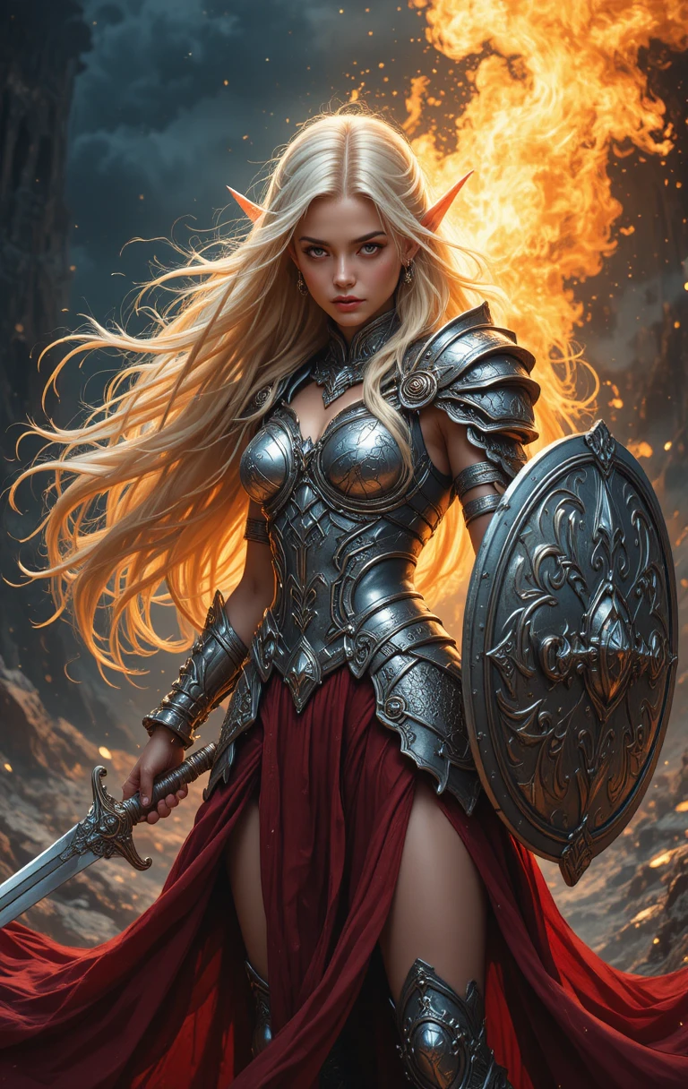 Blonde elf warrior in silver armor before blazing fire