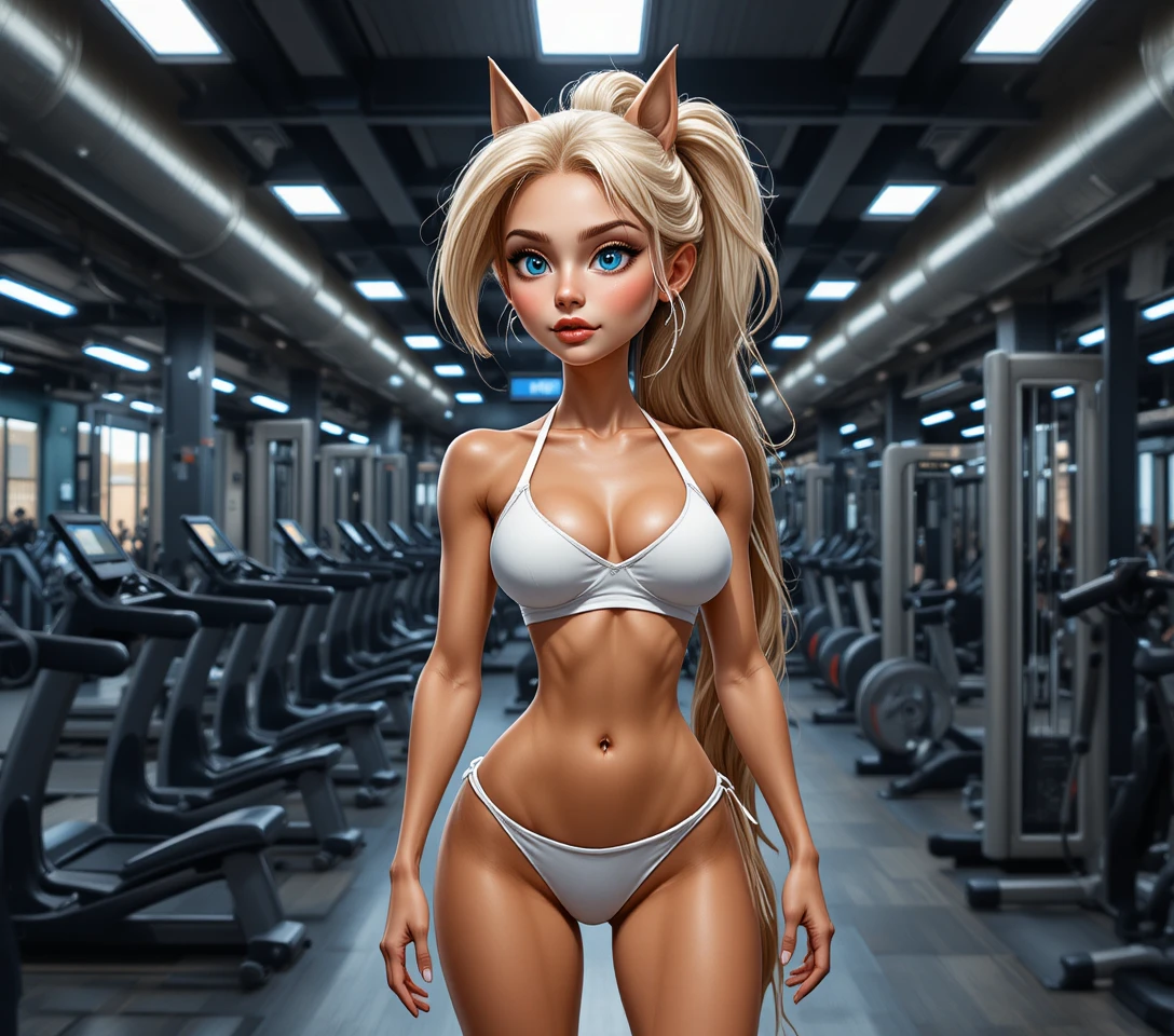 牛柄ビキニを着たブロンドのフィットネス女性がジムでトレーニング