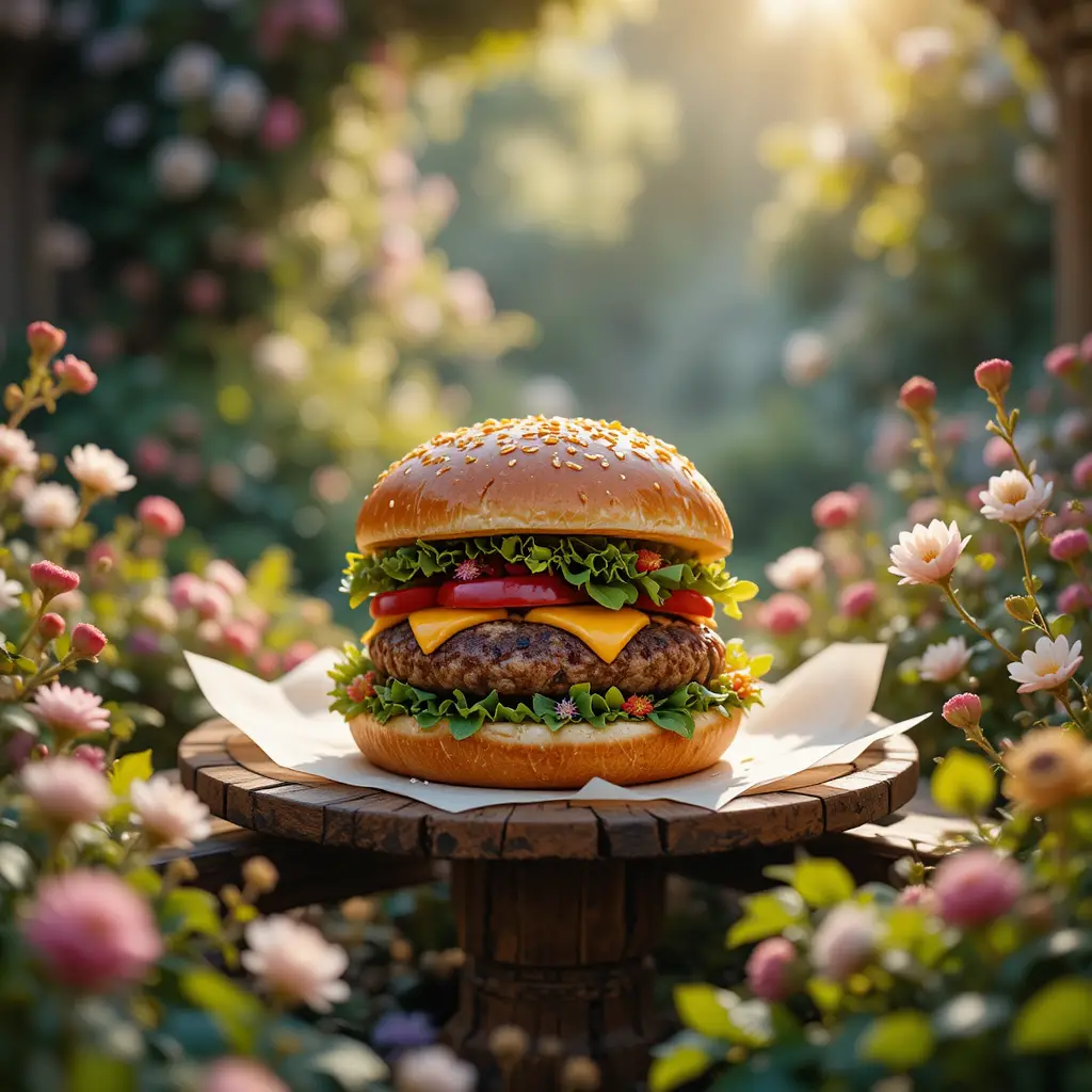 Gourmet-Burger in einem magischen, blumenreichen Garten