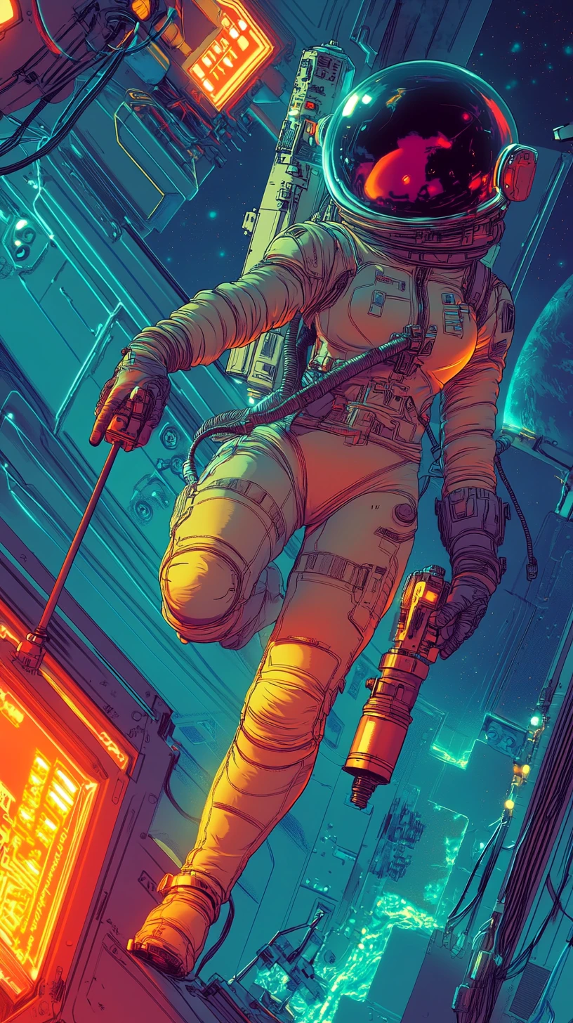 Curvy Female Astronaut With Power Drill In Neon Space Station