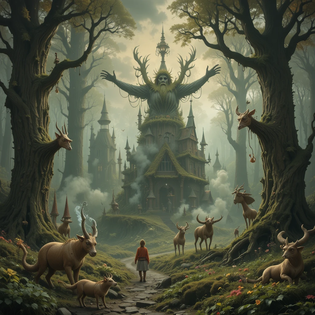 Crianças em uma floresta surreal de arquitetura impossível e fumaça