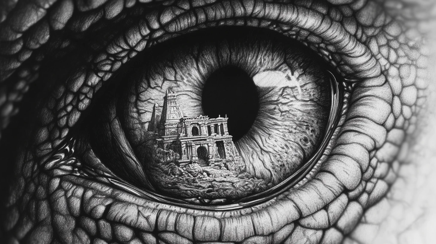 Extreme close up serpent eye with temple in the iris