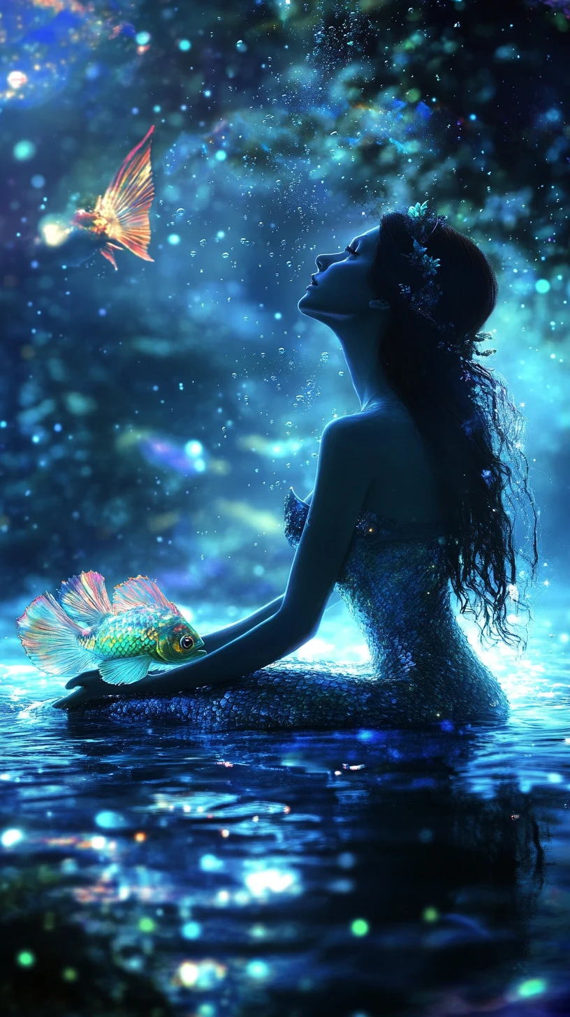 Sirena mistica in un regno sottomarino monocromatico e ombroso