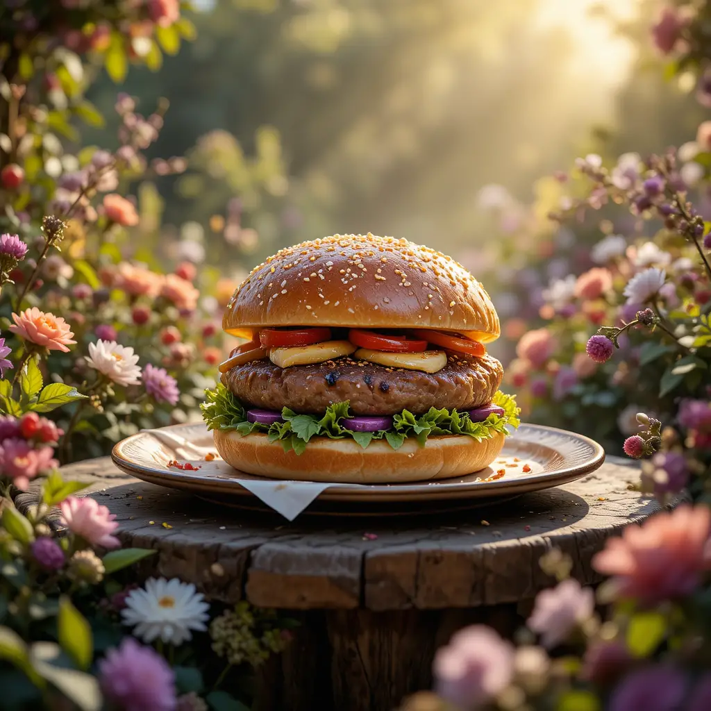 Gourmet-Fantasie-Burger in einem magischen Gartensetting