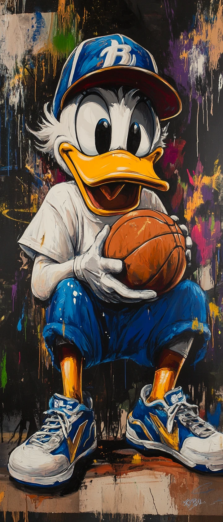 Graffiti-Entenfigur in Hockstellung mit einem Basketball
