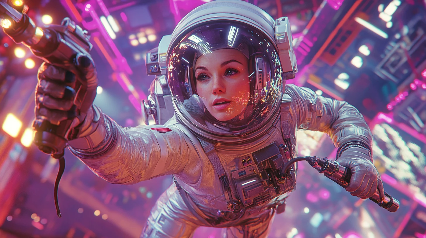 Astronauta Feminina Curvilínea com Furadeira em Estação Espacial Retrô