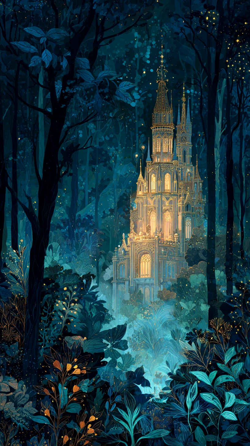 Château Fantastique Éthéré Brillant au-delà d’une Forêt Sombre