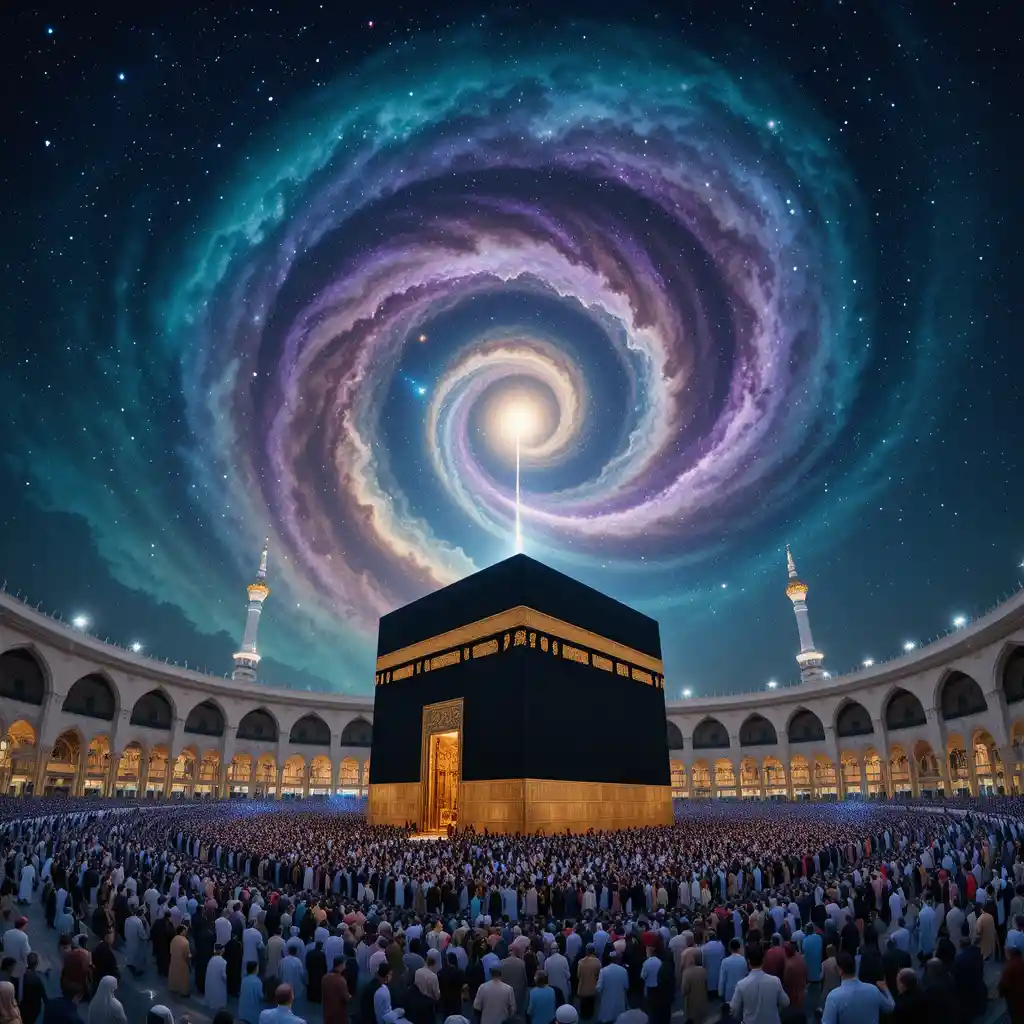 Kaaba glowing beneath a cosmic sky over Masjid al Haram