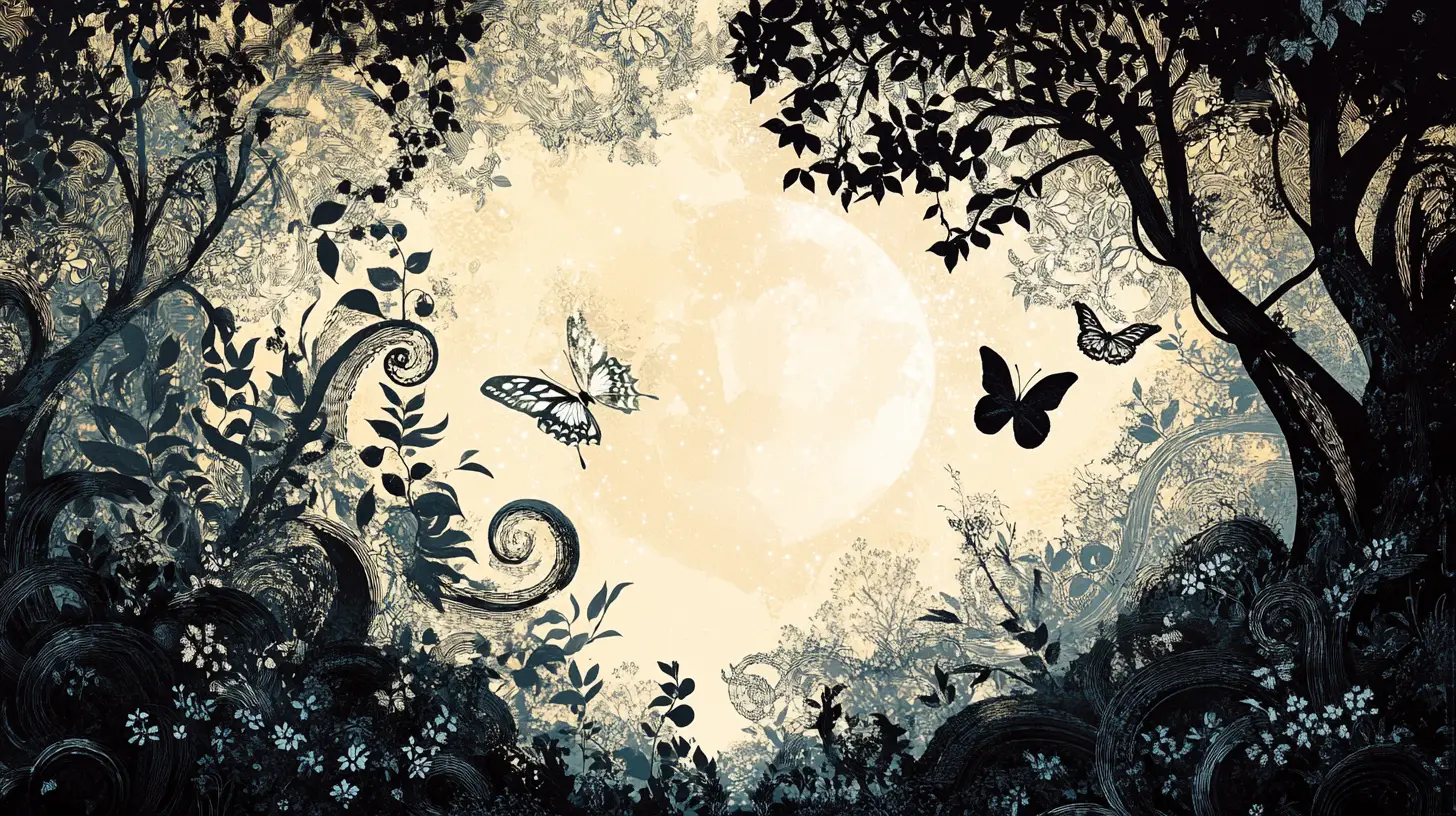 Papillon dans une forêt fantastique magique yin et yang