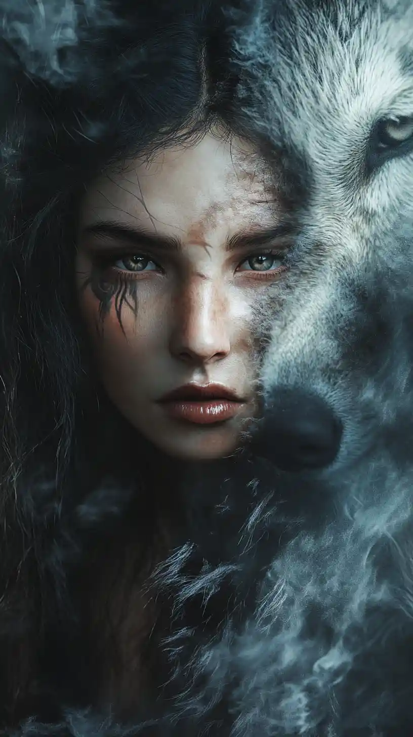 Mystical woman merged with wolf spirit under moonlit fog