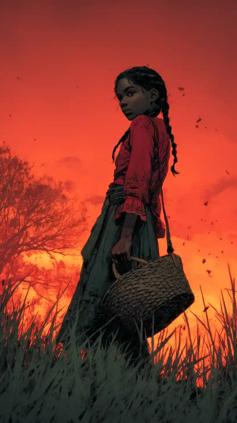 Young girl in red dress at sunset field