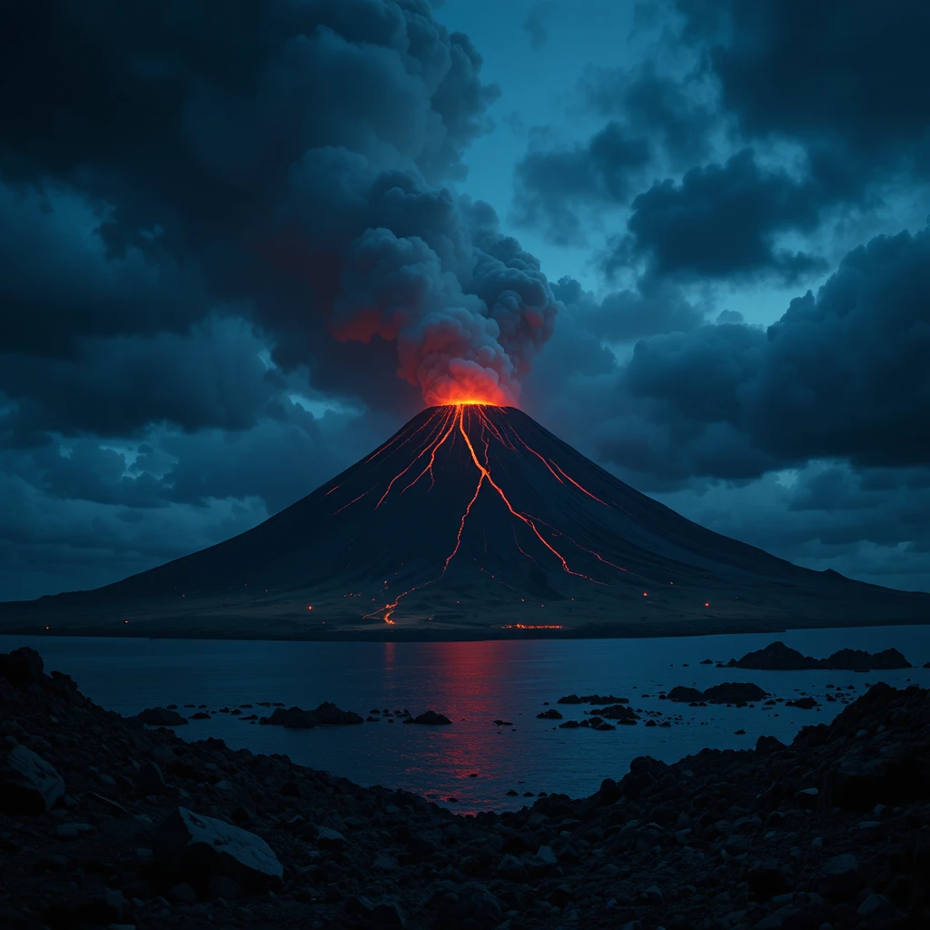 黑暗火山島在夜色中閃耀紅色熔岩光芒