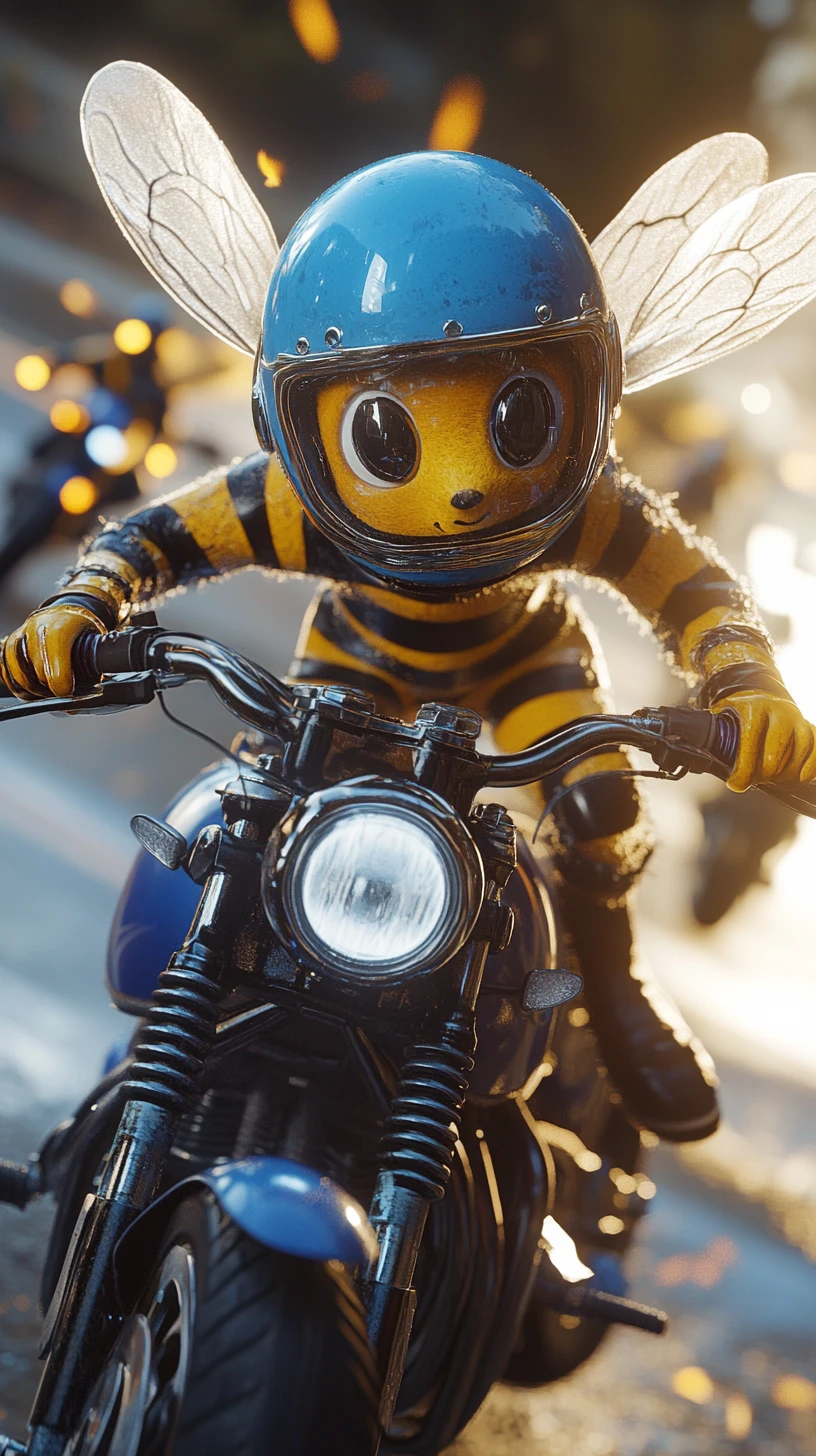 Abeille cartoon chevauchant une moto vintage sur une autoroute mouillée