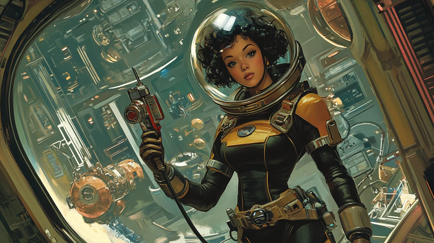 Astronauta femenina flotando en una estación espacial retrofuturista