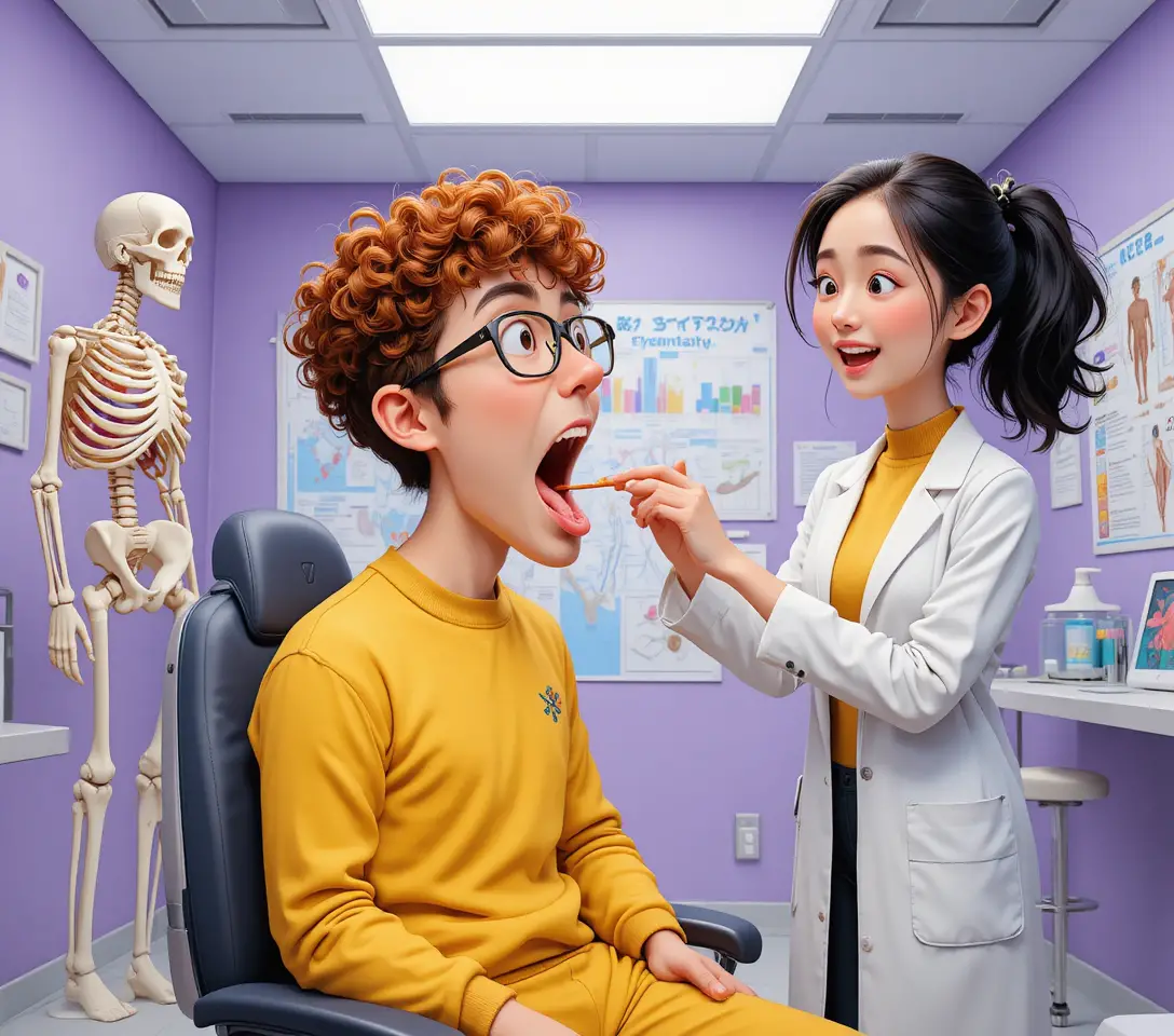 Doctora examinando a paciente masculino en clínica luminosa