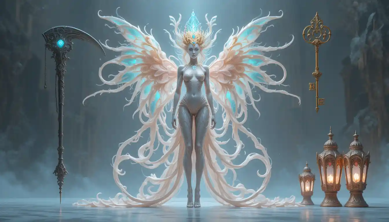 Créature de fantasy ailée et éthérée avec de somptueuses reliques mystiques