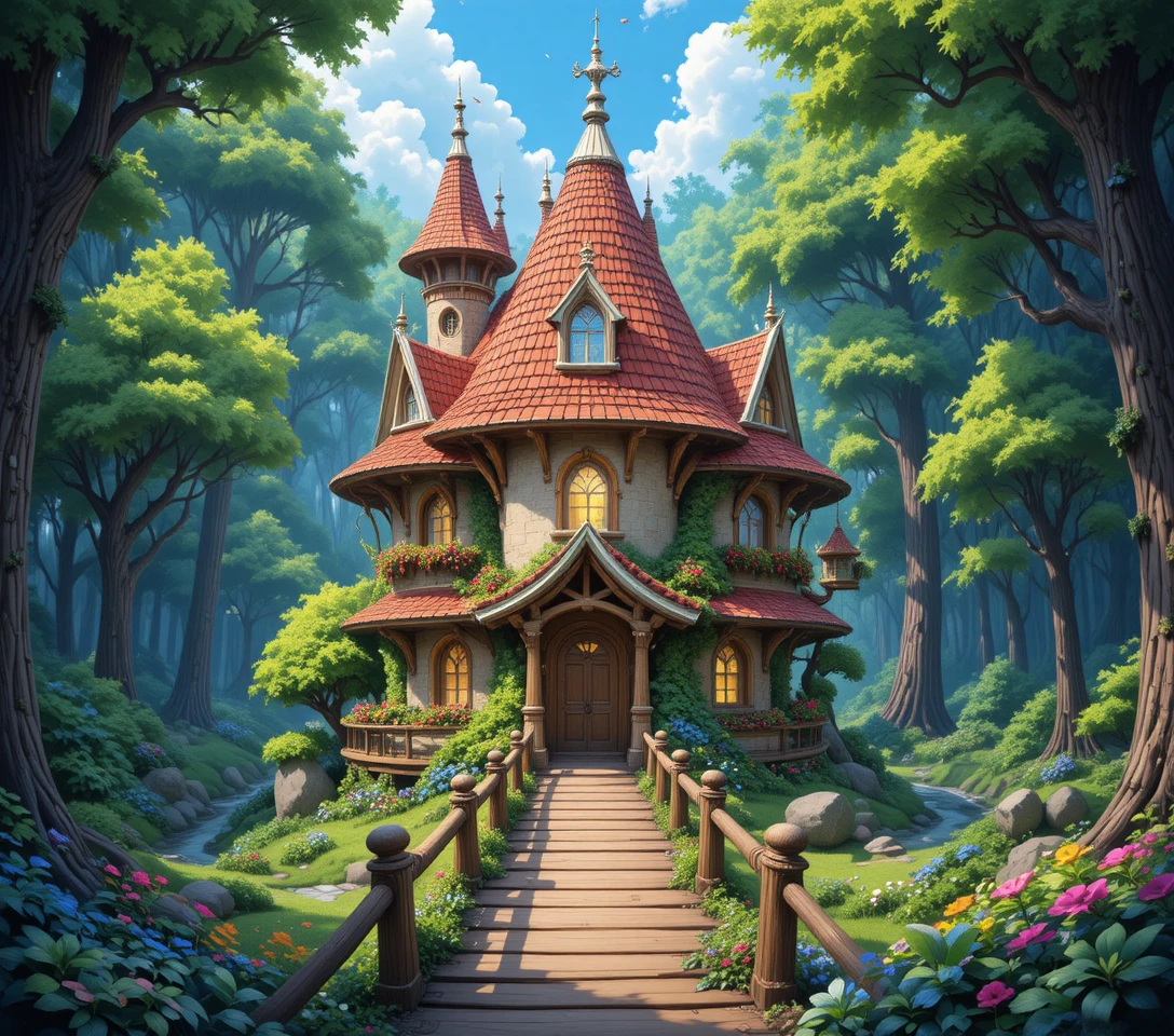 Casa de Cuento de Hadas Encantada en un Frondoso Bosque Fantástico