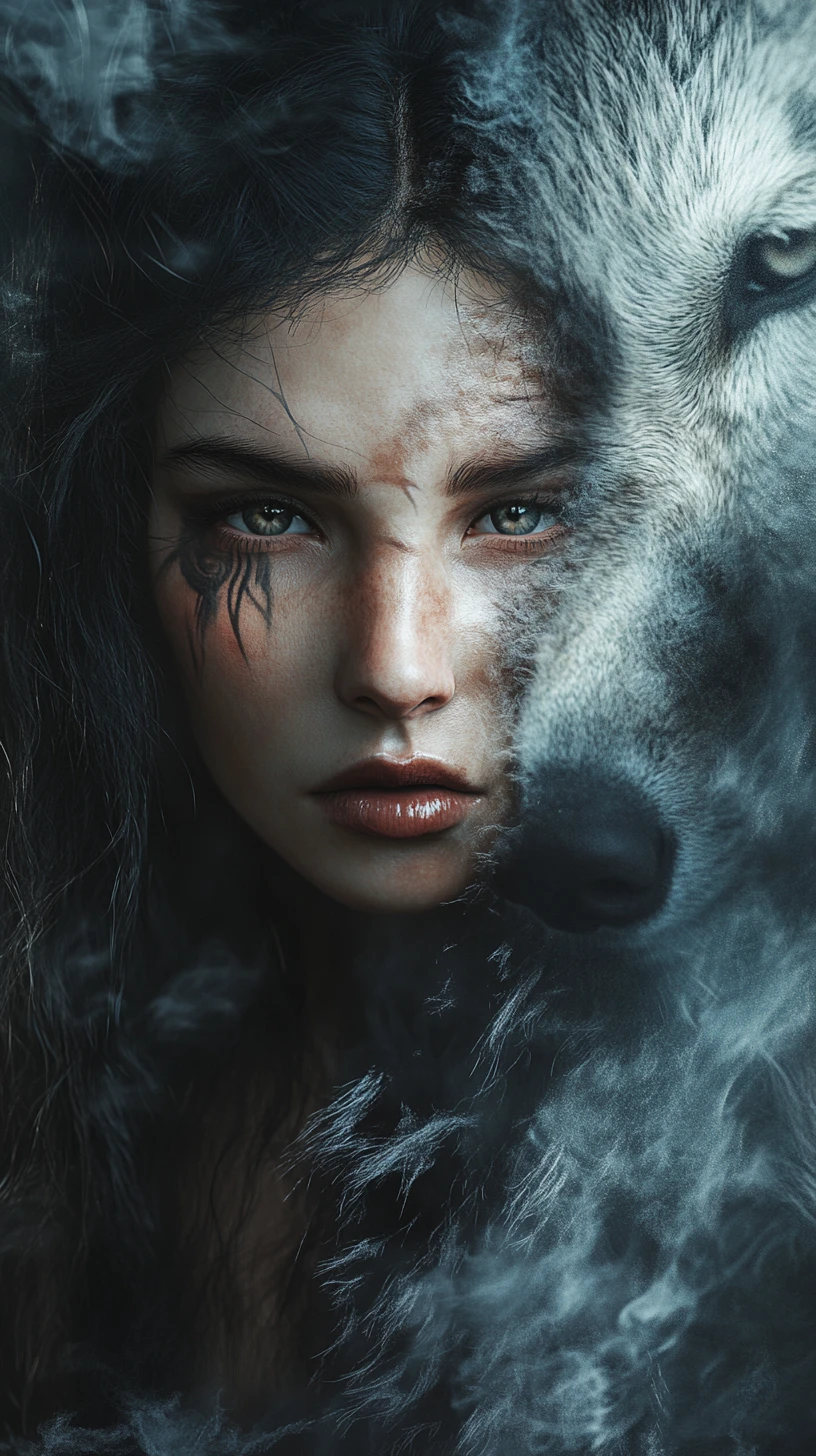 Mystical woman merged with wolf spirit under moonlit fog