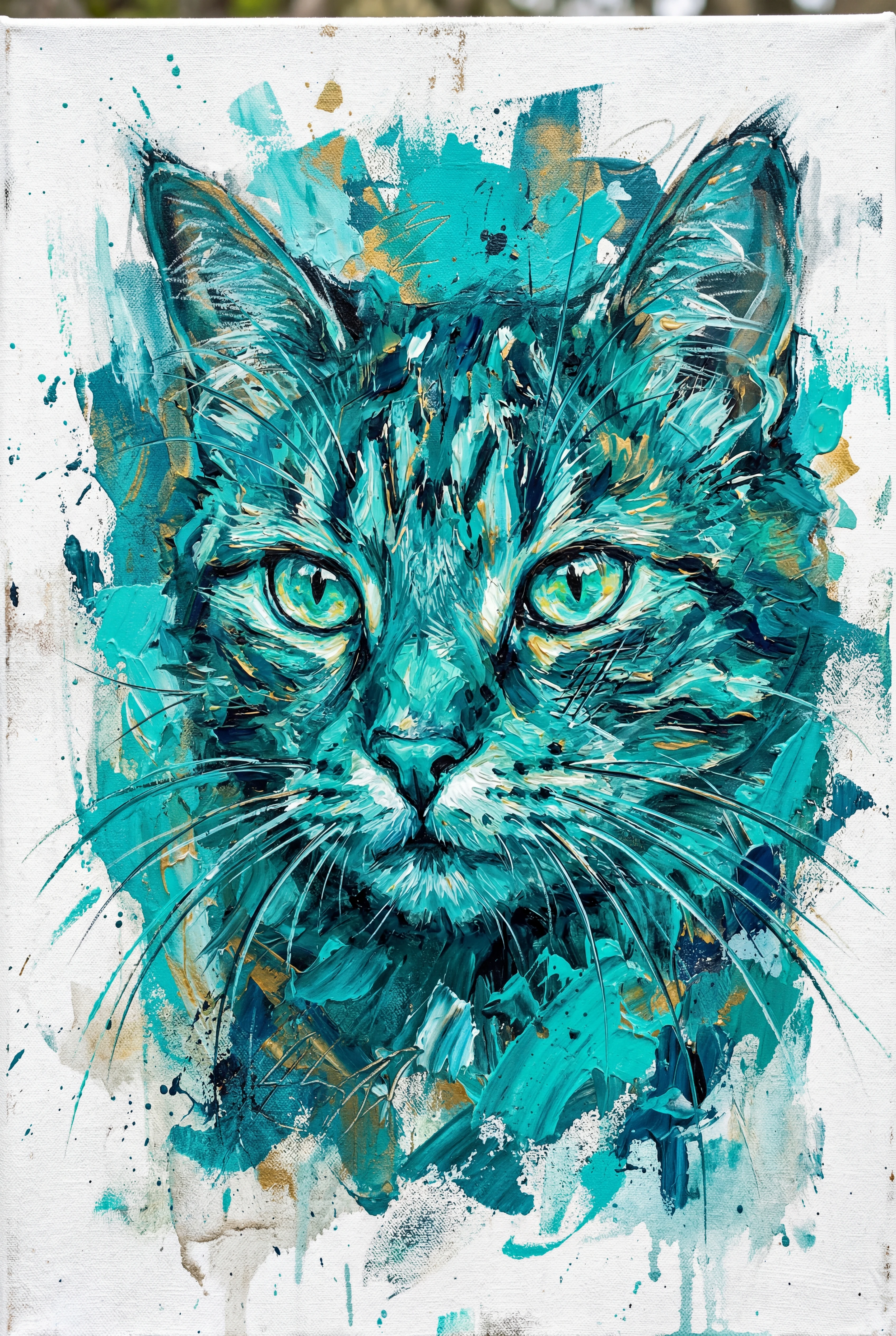 Retrato abstrato em close de um gato azul-petróleo sobre branco