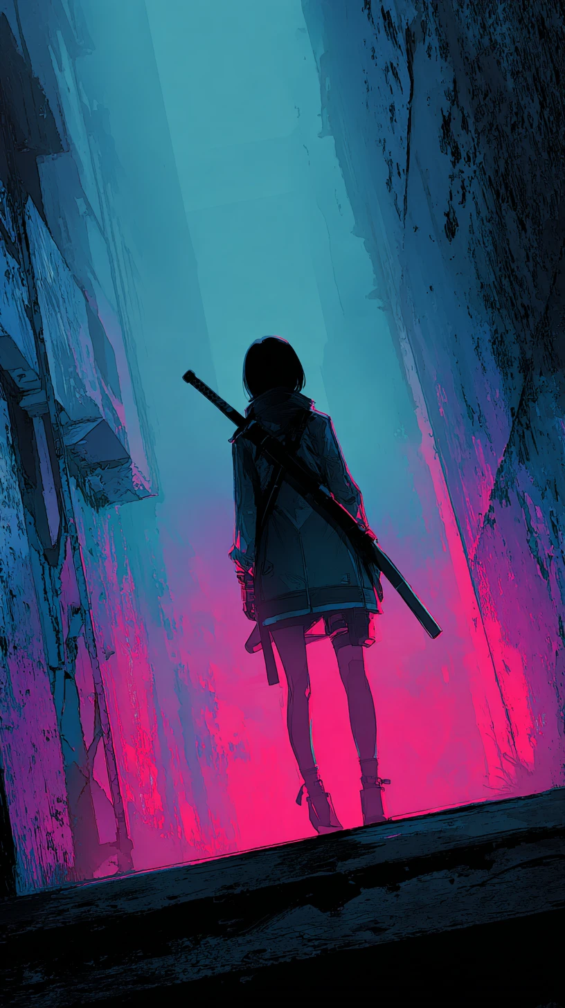 Anime girl with sword in neon lit cyberpunk alley