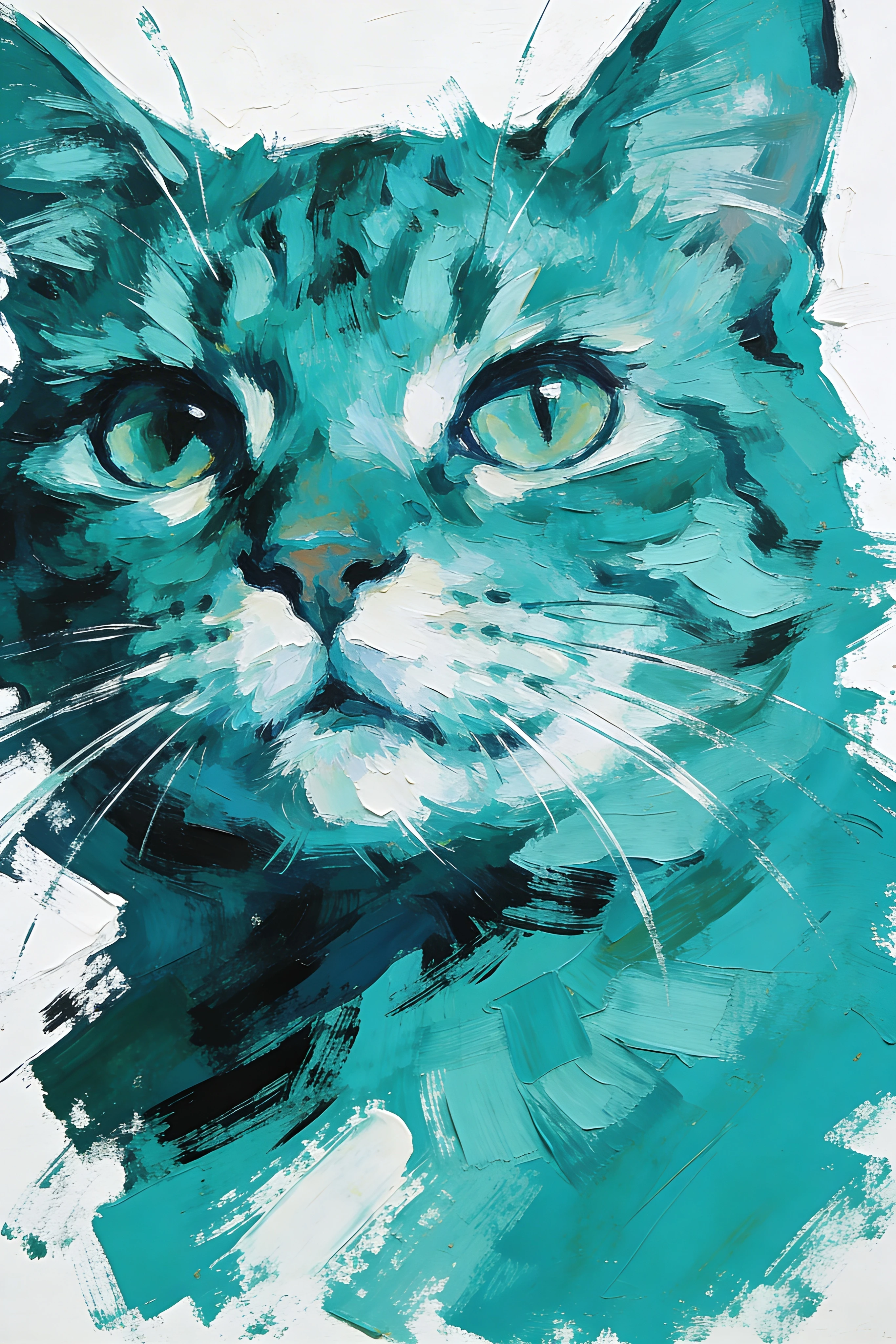 Retrato abstrato em close de um gato verde-azulado sobre fundo branco
