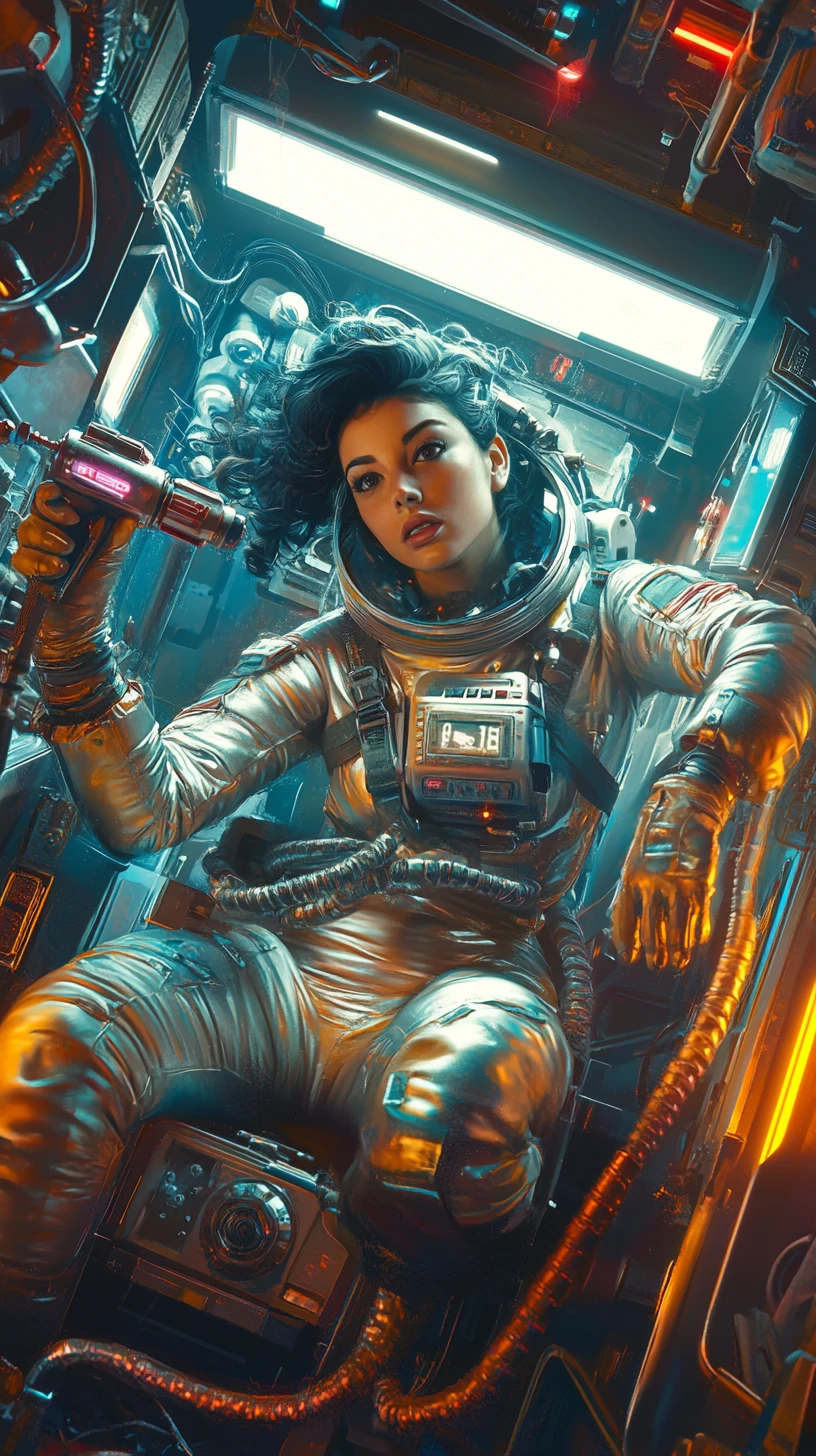 Astronauta Mulher Curvilínea com Furadeira em Estação Espacial Retrô