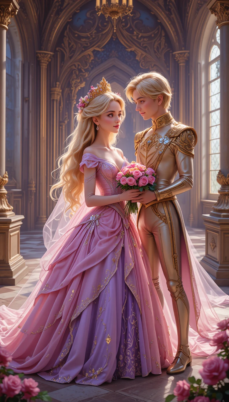 Princesa recibiendo rosas del príncipe en un gran castillo