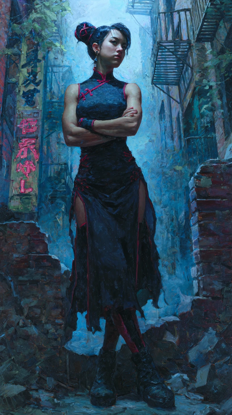 Brooding female warrior in a rainy urban alley