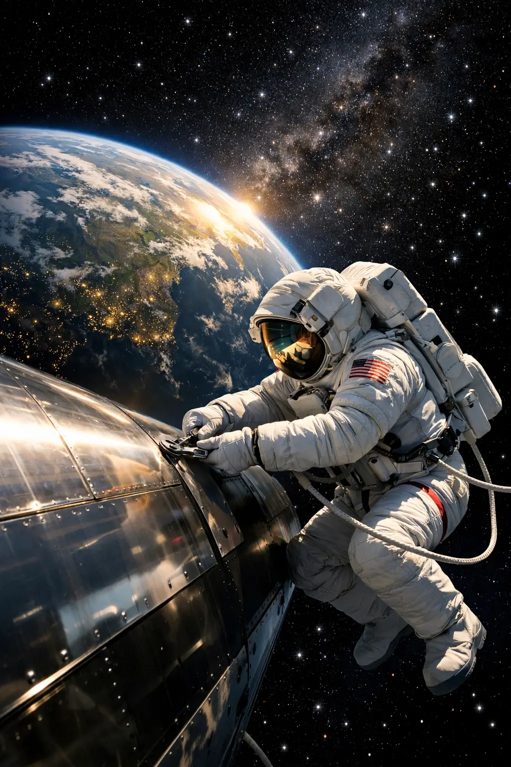 Astronaut repairing space shuttle above glowing Earth