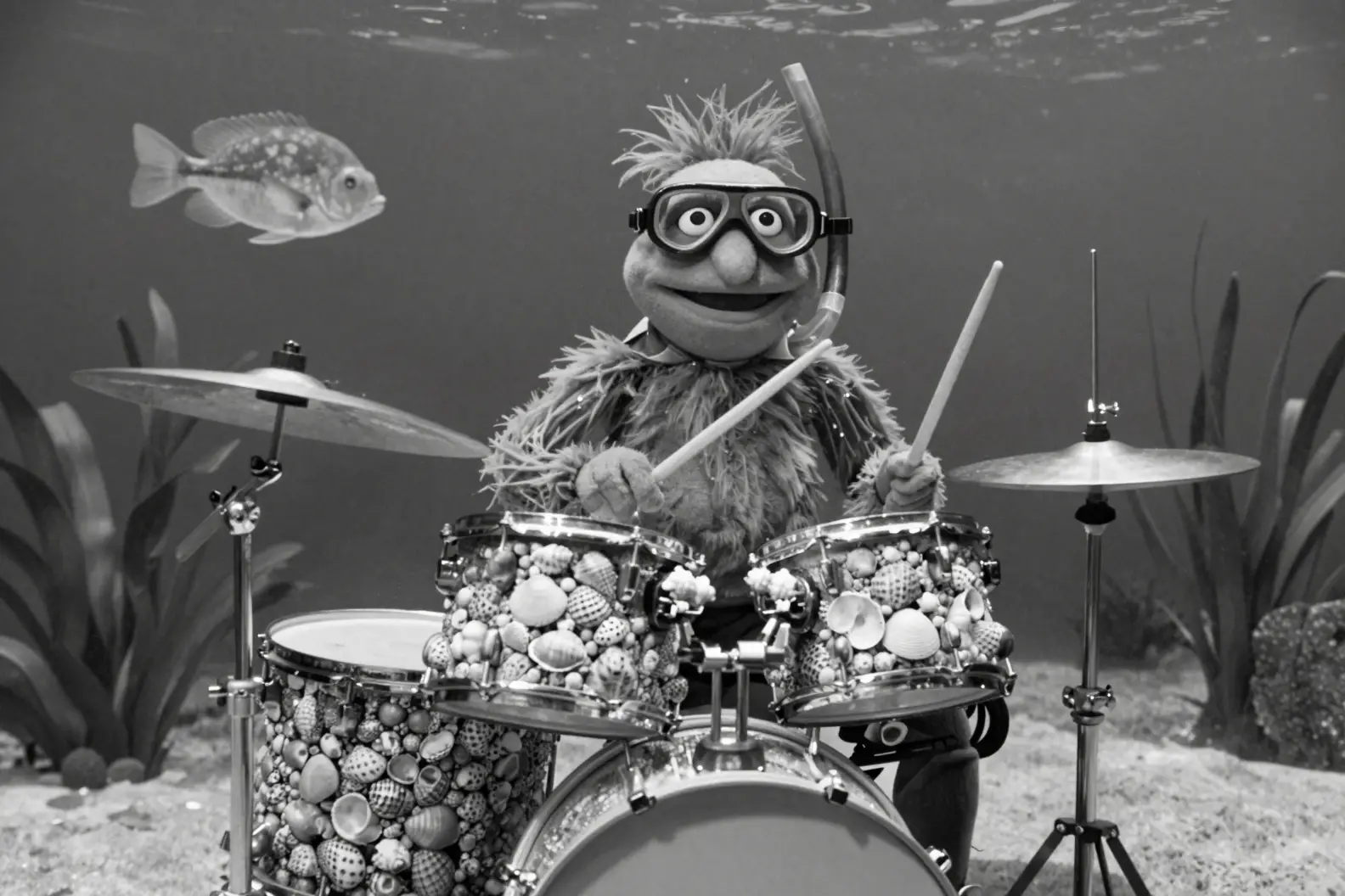 Unterwasser-Schlagzeuger spielt Muschel-Drums in Schwarz-Weiß