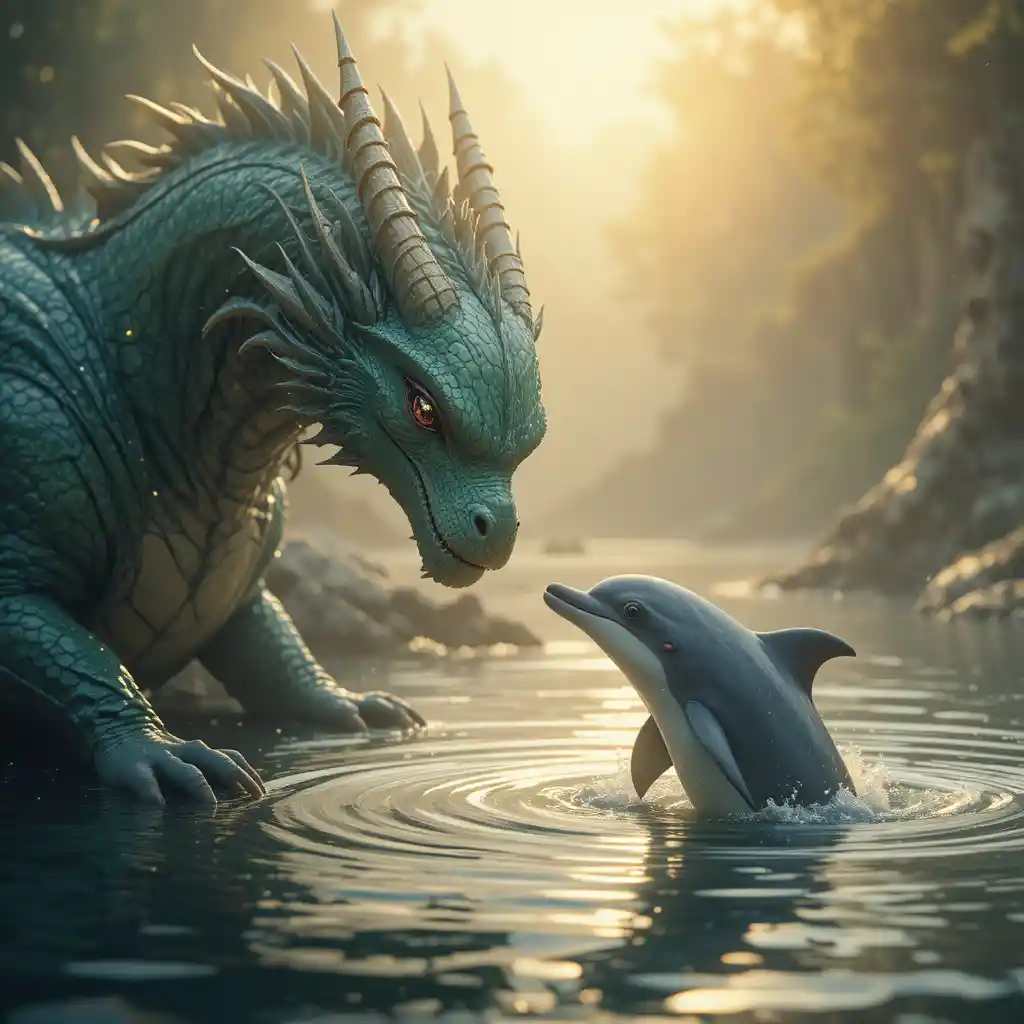 Fantasy dragon meets dolphin in glowing ocean scene