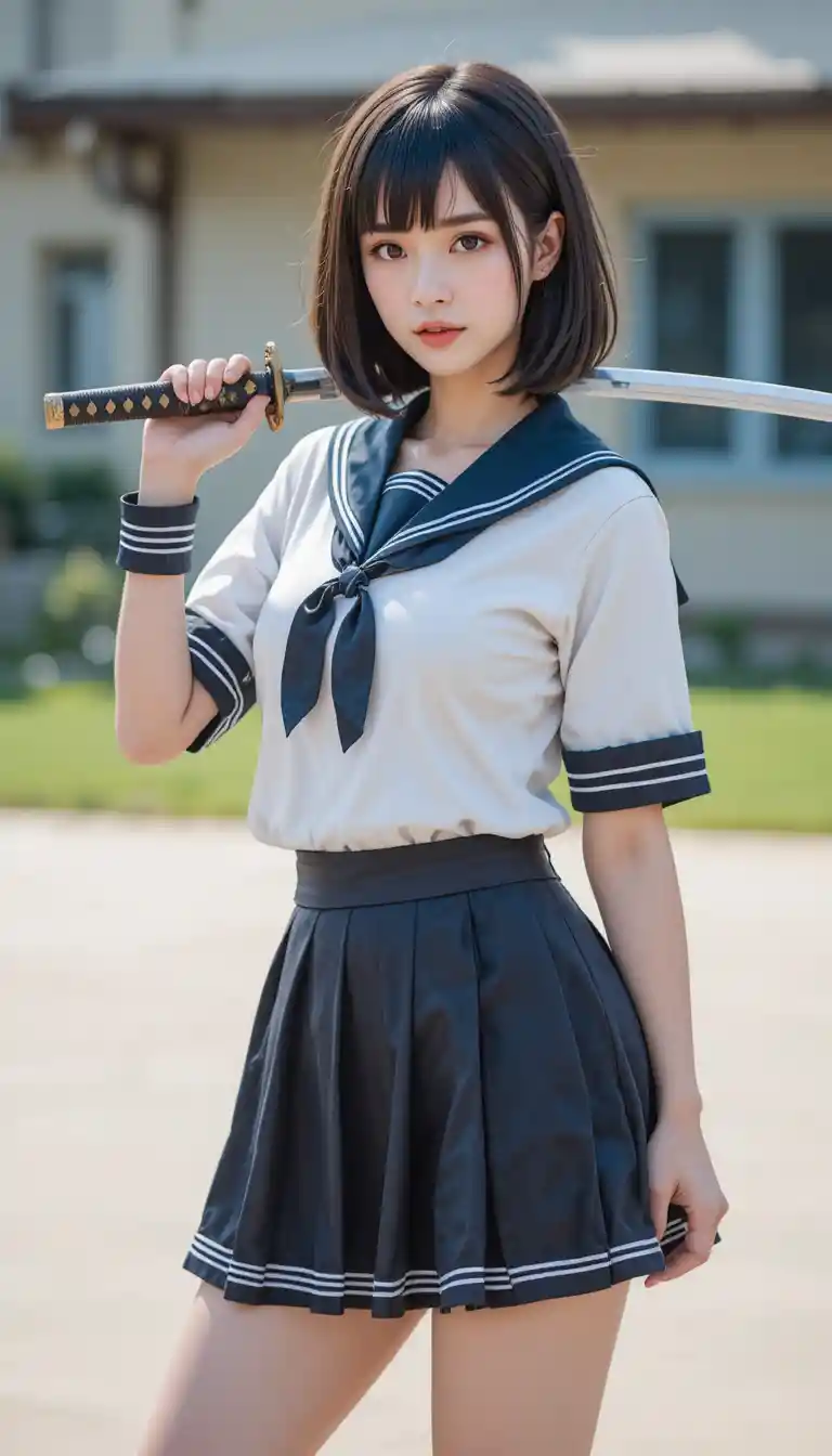 Junge Frau in Schuluniform mit Katana auf dem Schulhof